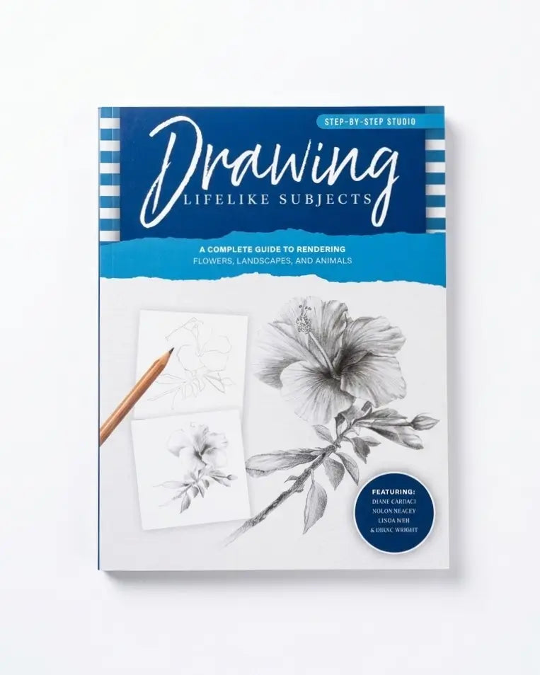 A book titled "Drawing Lifelike Subjects" shown upright against a plain white background. The cover is primarily white and blue, with illustrated black-and-white floral artwork, a pencil, and a small blue circular badge.