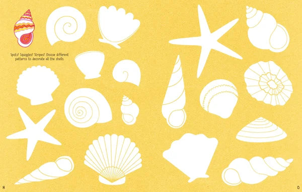 White sea shells and starfish on a yellow background