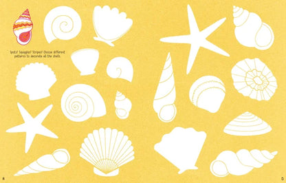 White sea shells and starfish on a yellow background
