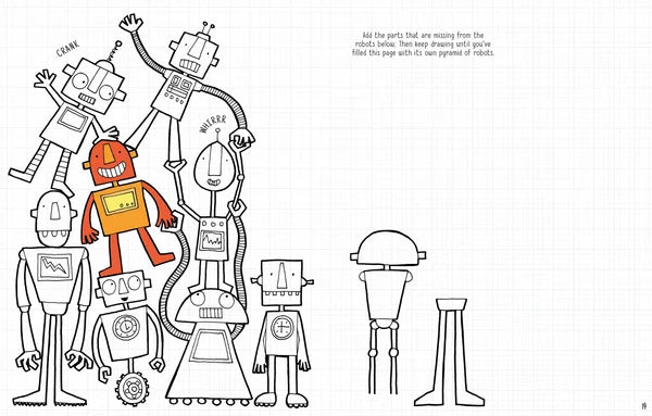 Page from a coloring book with robot illustrations and text.