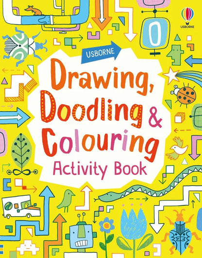 Activity book cover with colorful designs and text on a yellow background