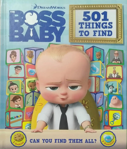 Book cover of 'The Boss Baby: 501 Things to Find' with a baby character and colorful design.