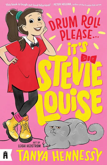 Book cover of 'It's Big Stevie Louise' with a character in a red dress and a cat on a pink background.