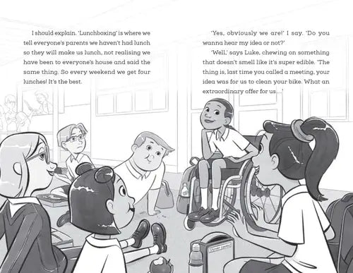Illustration of a classroom scene with children and a teacher, including text about lunchboxings.