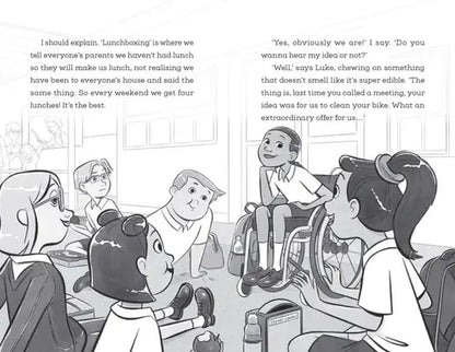 Illustration of a classroom scene with children and a teacher, including text about lunchboxings.