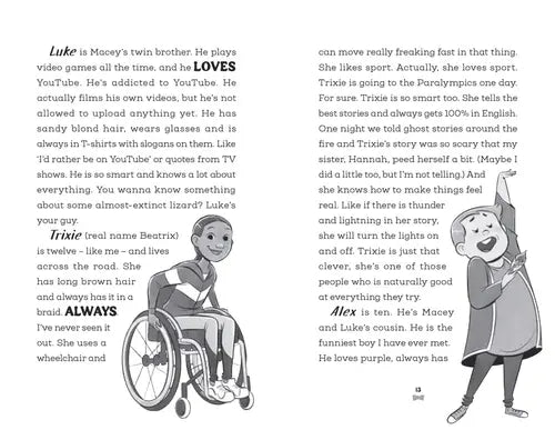 Page from a book with illustrations and text about characters Luke, Macey, Trixie, and Alex.