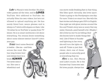 Page from a book with illustrations and text about characters Luke, Macey, Trixie, and Alex.