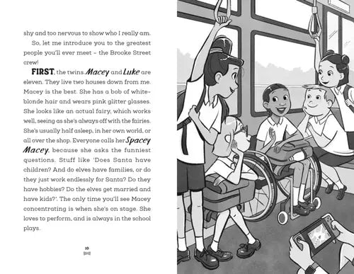 Illustration of children on a bus with one in a wheelchair, text on the left