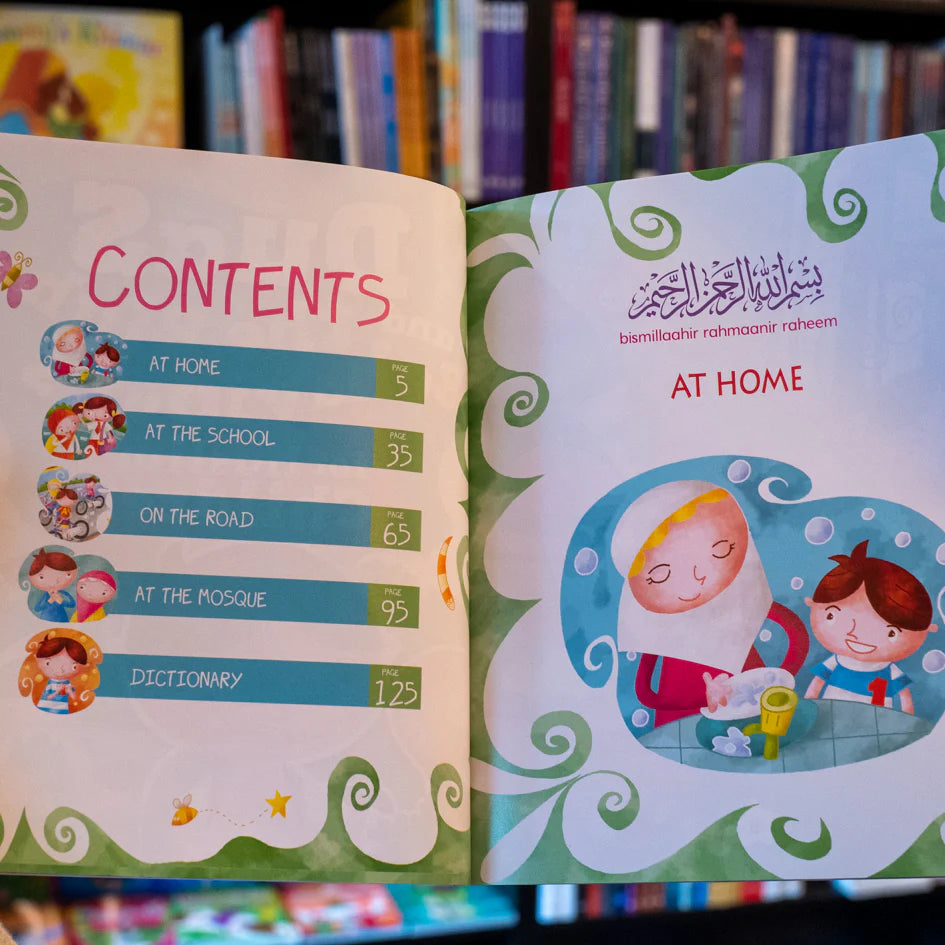 Open book with a colorful cover and 'Contents' page on a blurred bookshelf background