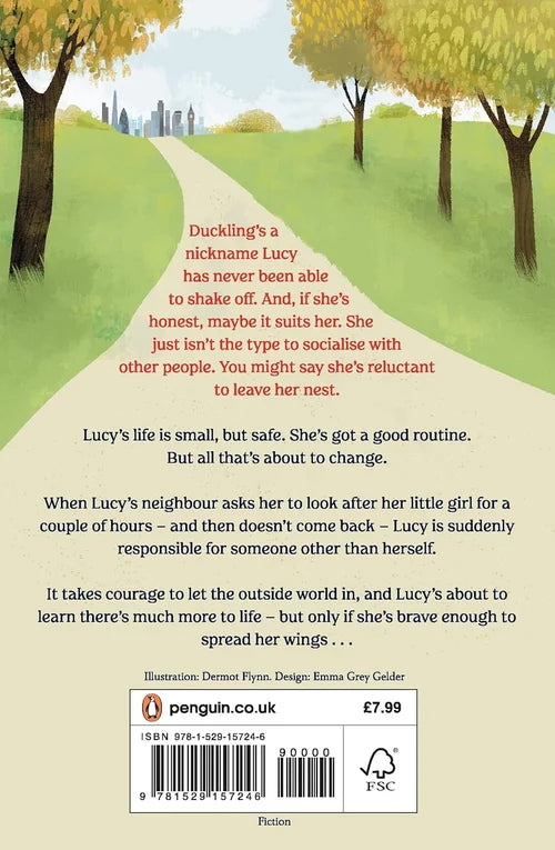Book back cover with illustration of a path, trees, and text.