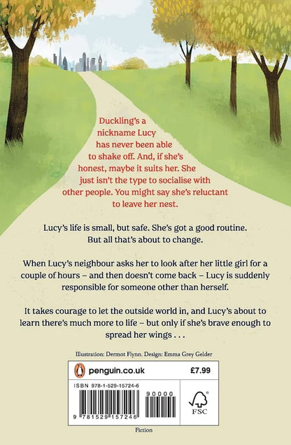 Book back cover with illustration of a path, trees, and text.