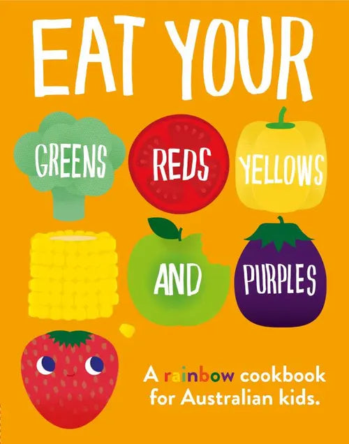 Book cover with colorful vegetables and text promoting a rainbow cookbook for Australian kids on an orange background.