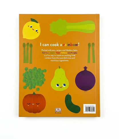 The back cover of a children's book titled 'I can cook a rainbow!' featuring colorful cartoon illustrations of vegetables on an orange background, with the DK logo at the bottom.