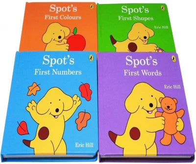 Four children's books titled 'Spot's First Colours', 'Spot's First Shapes', 'Spot's First Numbers', and 'Spot's First Words' by Eric Hill.