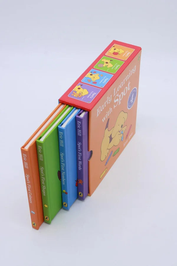 Set of children's books with colorful covers on a white background