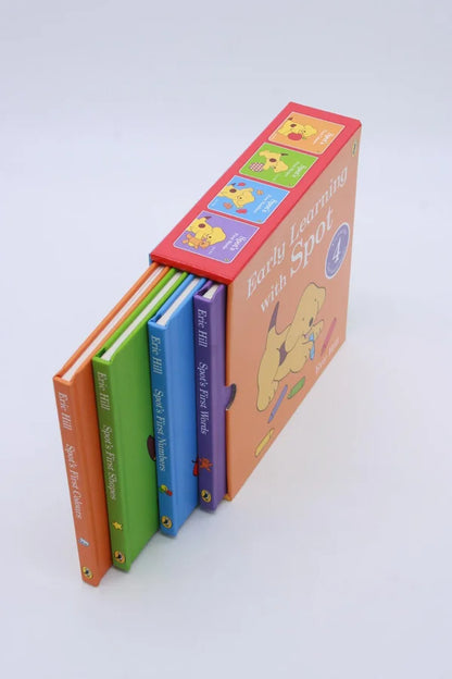 Set of children's books with colorful covers on a white background