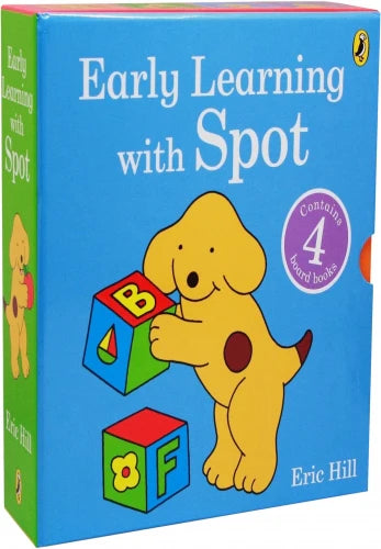 Book cover of 'Early Learning with Spot' by Eric Hill featuring a yellow dog with alphabet blocks.