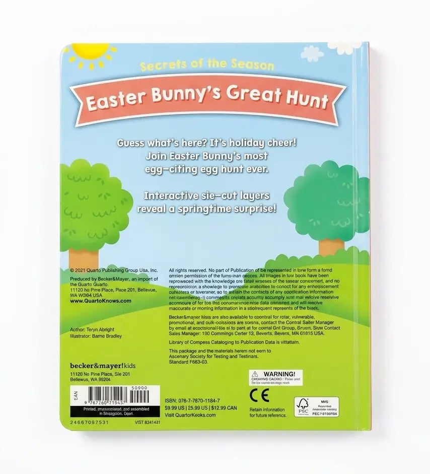 Back cover of a children's activity book titled 'Easter Bunny's Great Hunt' by Becker &amp; Co., featuring a colorful illustration with a blue sky, green trees, and a yellow sun, plus product details and barcode at the bottom.