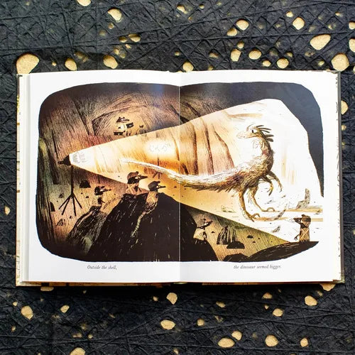 Open book with a detailed illustration of a dinosaur on a textured black background