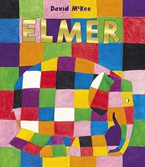 Colorful book cover of 'Elmer' by David McKee with a patchwork pattern and elephant illustration.