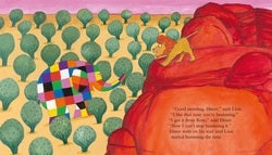 Illustration of a colorful elephant and a red character with a lion on a green landscape.