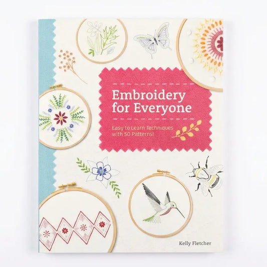 Book cover of 'Embroidery for Everyone' with embroidery patterns on a white background