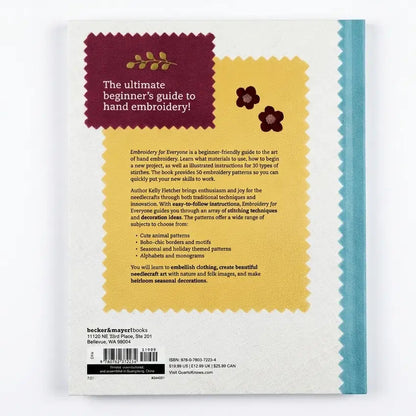 Back cover of a book titled 'The ultimate beginner's guide to hand embroidery' with text and decorative elements.