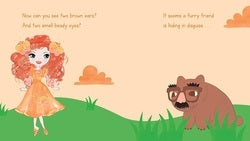 Illustration of a girl and a bear in a grassy field with clouds.