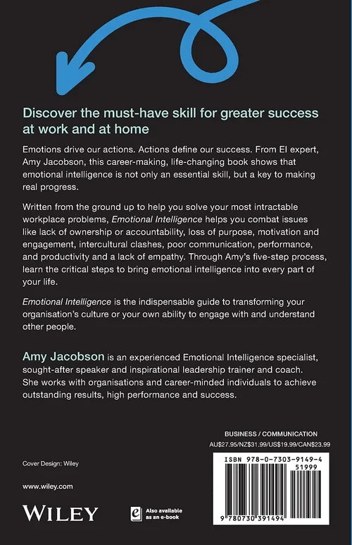 Book cover of 'Emotional Intelligence' by Amy Jacobson with a black background and blue arrow.
