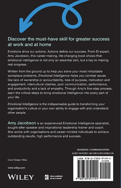 Book cover of 'Emotional Intelligence' by Amy Jacobson with a black background and blue arrow.