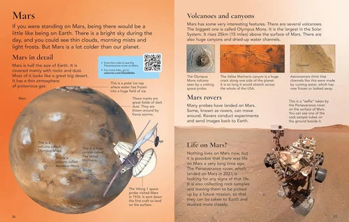 Educational page about Mars with images of a rover, volcano, and canyon.