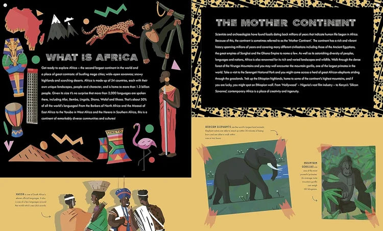 Illustrated pages about Africa with people, animals, and text on a black background.