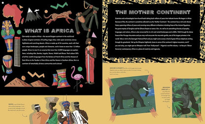 Illustrated pages about Africa with people, animals, and text on a black background.