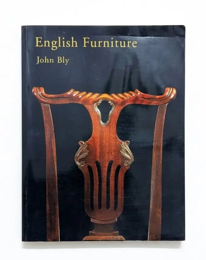 The front cover of the book 'English Furniture' by John Bly, featuring a dark wood chair back design on a black background with gold lettering.