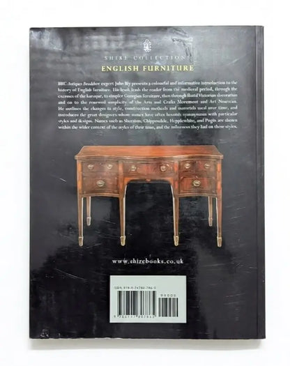 Back cover of a book titled 'Shire Collections English Furniture' showing a vintage wooden writing desk with brass legs, on a black background with descriptive text and a barcode.