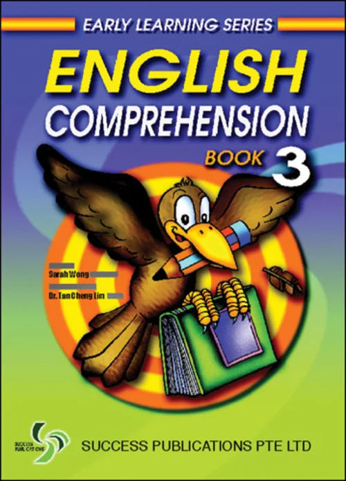 Book cover of 'English Comprehension Book 3' from the Early Learning Series with a cartoon bird holding books.