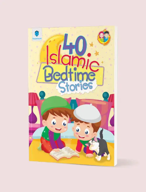 Book titled '40 Islamic Bedtime Stories' with two children reading a book on the cover.
