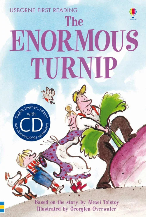Book cover of 'The Enormous Turnip' with illustrations and text.