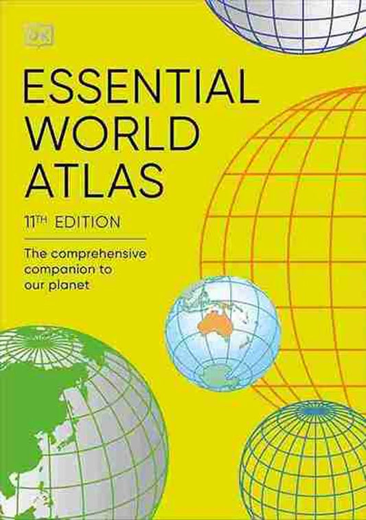 Book cover of 'Essential World Atlas' with globes on a yellow background
