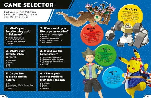Game selector for choosing a perfect Pokémon with character illustrations and text.