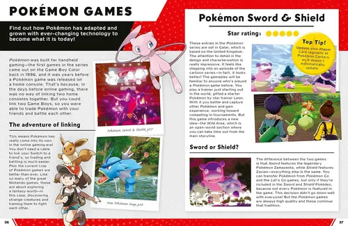 Page from a book or magazine about Pokémon Sword & Shield game, featuring images and text.