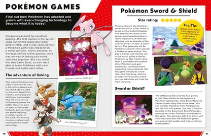 Page from a book or magazine about Pokémon Sword & Shield game, featuring images and text.