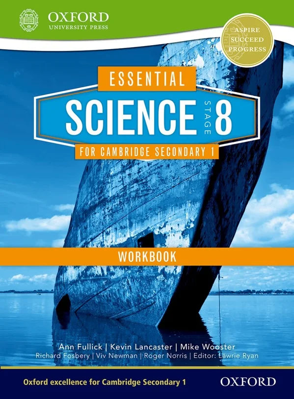 Workbook cover for 'Essential Science Stage 8' by Oxford University Press with a blue ship image on a green background.