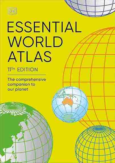 Book cover of 'Essential World Atlas' with globes on a yellow background