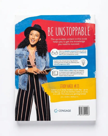 The back cover of a Cengage textbook titled 'BE UNSTOPPABLE' by study coach Jodi Rubenstein, featuring a colorful graphic design with a photo of a woman in a denim jacket and striped dress, set against a plain white background.