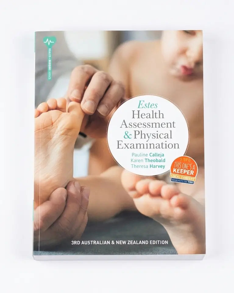 A book titled 'Estes Health Assessment & Physical Examination' with a cover photo of hands examining a child's feet, shown on a white background.