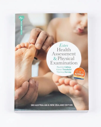 A book titled 'Estes Health Assessment & Physical Examination' with a cover photo of hands examining a child's feet, shown on a white background.