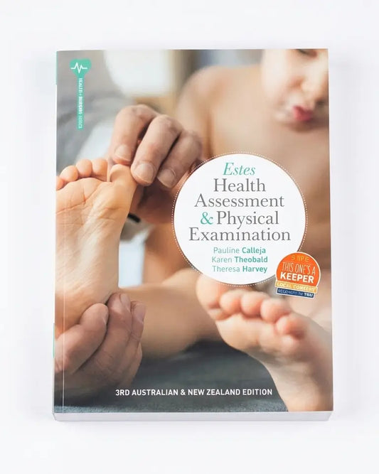 A book titled 'Estes Health Assessment & Physical Examination' with a cover photo of hands examining a child's feet, shown on a white background.