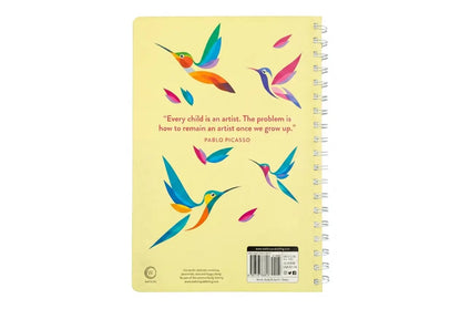 Notebook with colorful hummingbird illustrations and a quote on a yellow background