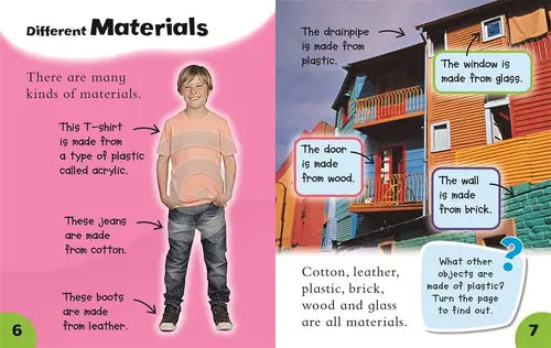 Educational page about different materials with a boy, house, and text boxes.